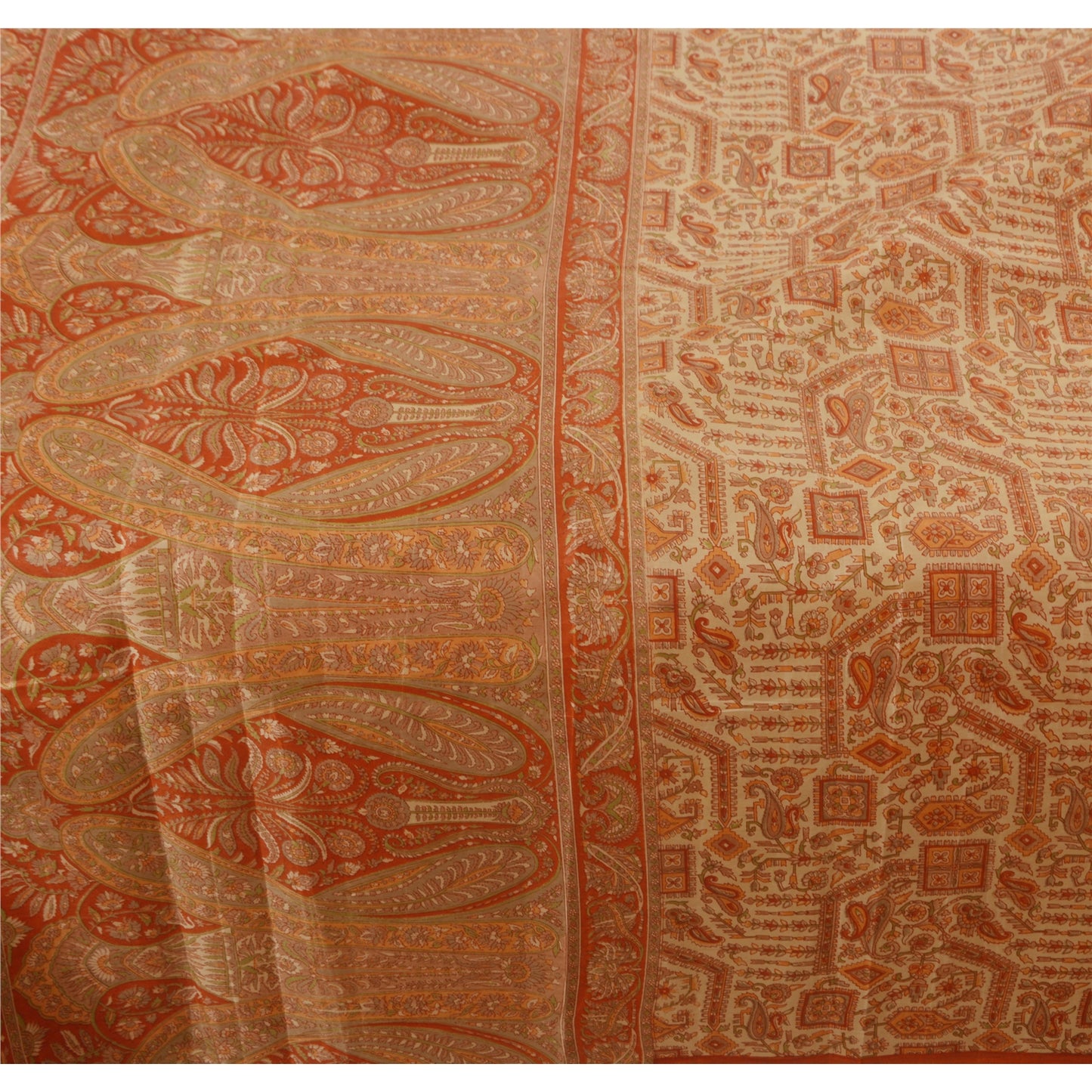 Sanskriti Vintage Cream Saree Art Silk Printed Floral Sustainable Fabric Indian Sari Craft