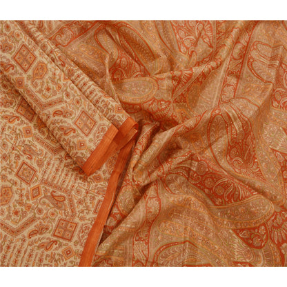 Sanskriti Vintage Cream Saree Art Silk Printed Floral Sustainable Fabric Indian Sari Craft