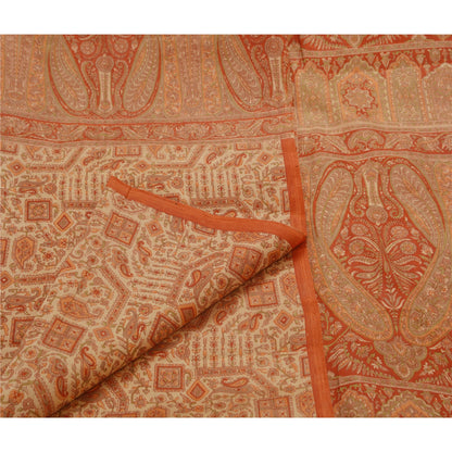 Sanskriti Vintage Cream Saree Art Silk Printed Floral Sustainable Fabric Indian Sari Craft