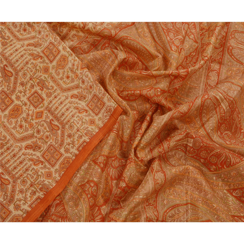 Sanskriti Vintage Cream Saree Art Silk Printed Floral Sustainable Fabric Indian Sari Craft