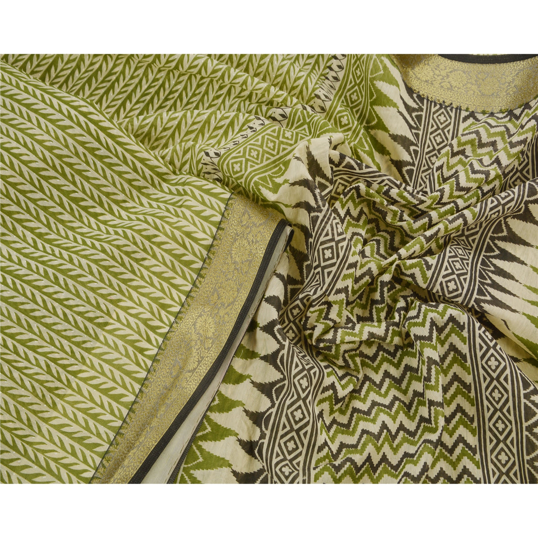 Sanskriti Vintage Green Cotton Saree Craft Printed Golden Border Sari Fabric