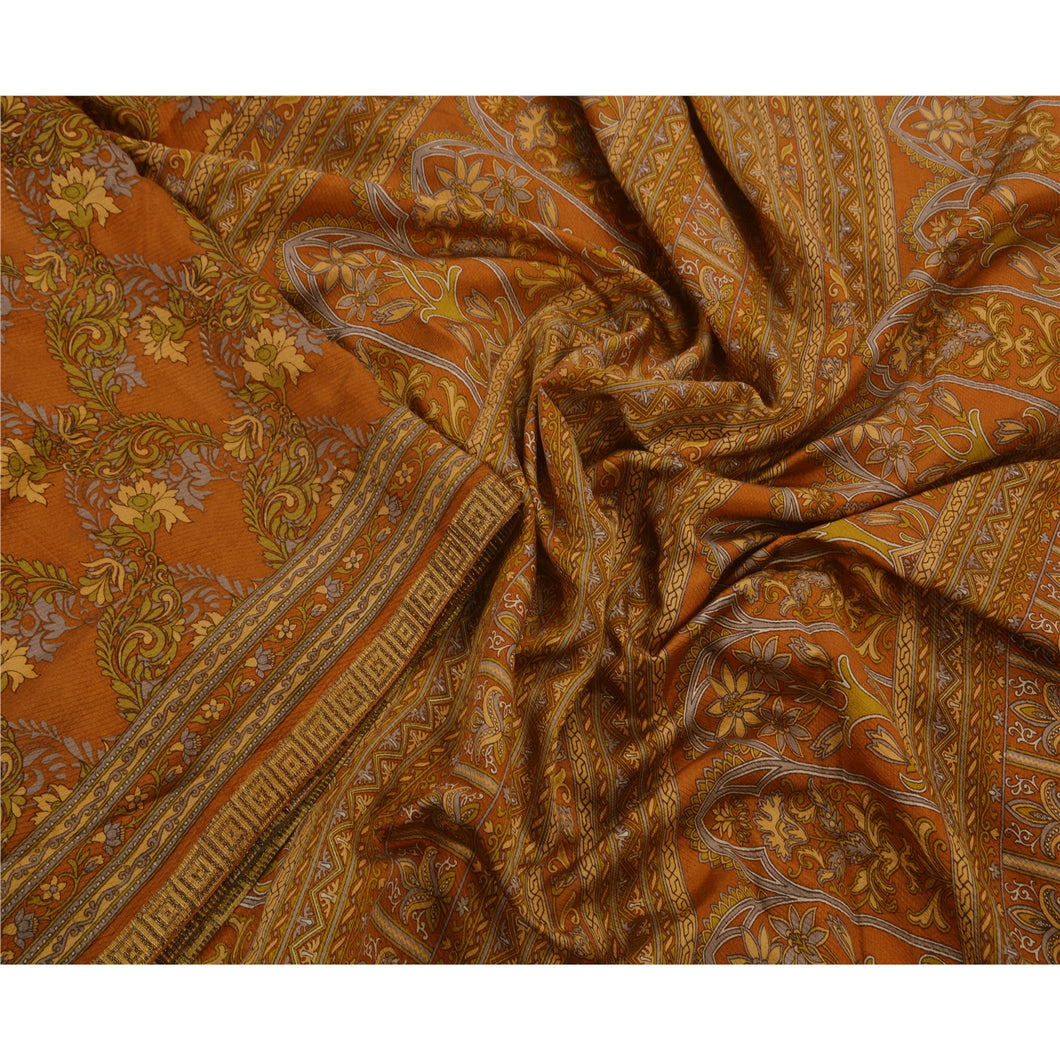 Orange Saree Art Silk Printed Craft Decor Fabric 5 Yard Sari
