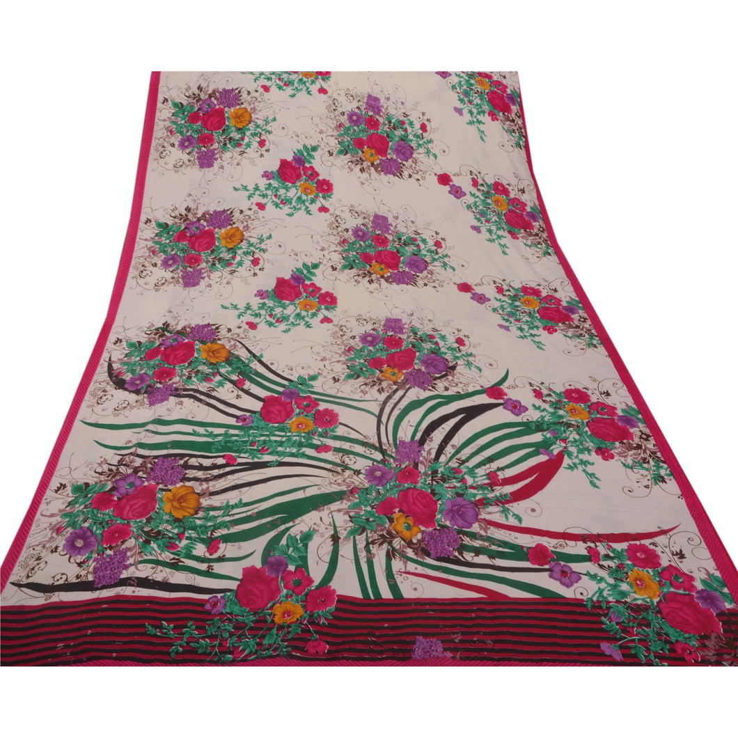 White Saree Art Silk Printed Craft Fabric 5 Yard Ethnic Sari