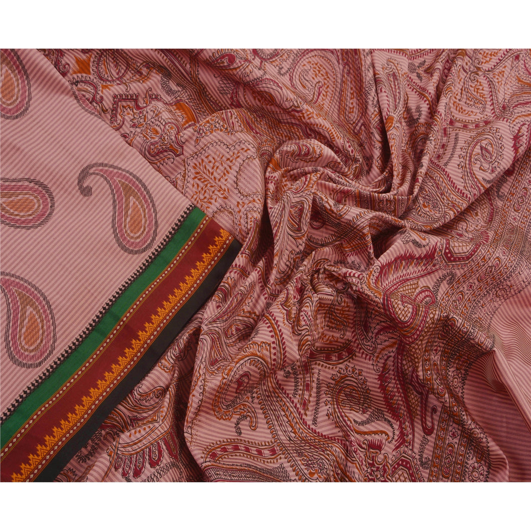 Sanskriti Vintage Art Silk Saree Pink Paisley Printed Sari Craft Decor Fabric