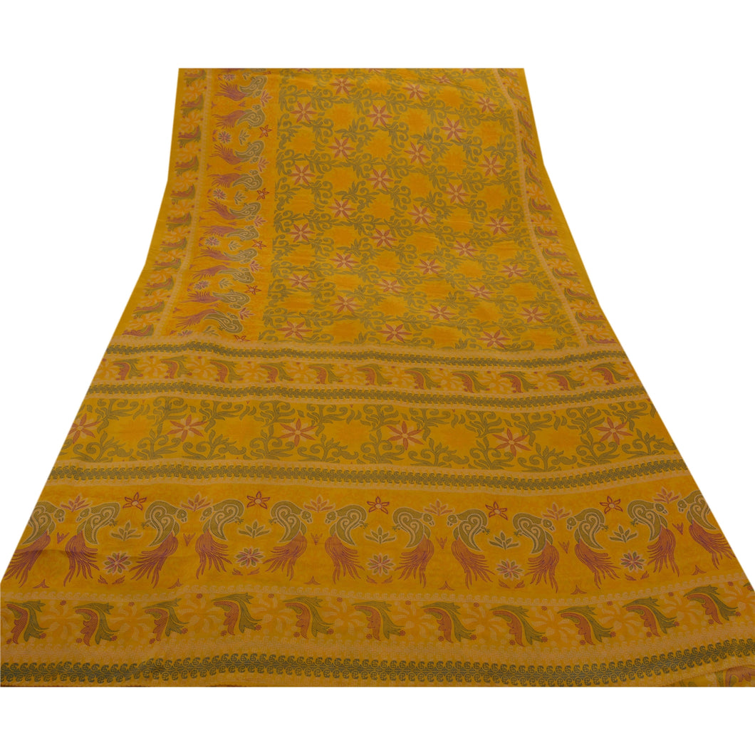 Sanskriti Antique Vintage Yellow Saree Art Silk Printed Craft Fabric 5 Yard Sari