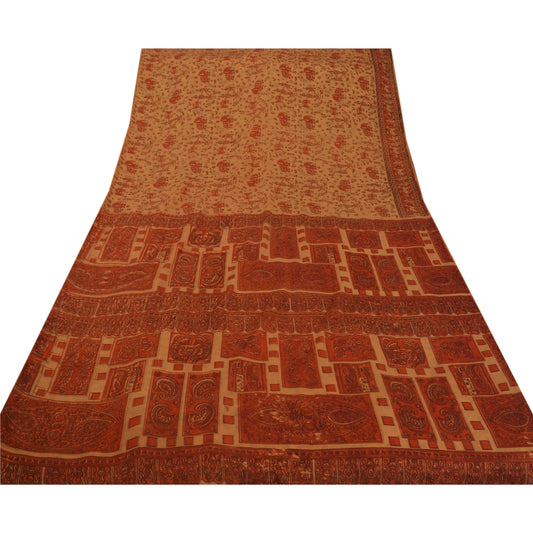 Sanskriti Vintage Peach Saree Art Silk Printed Craft Sustainable Fabric 5 Yard Decor Sari