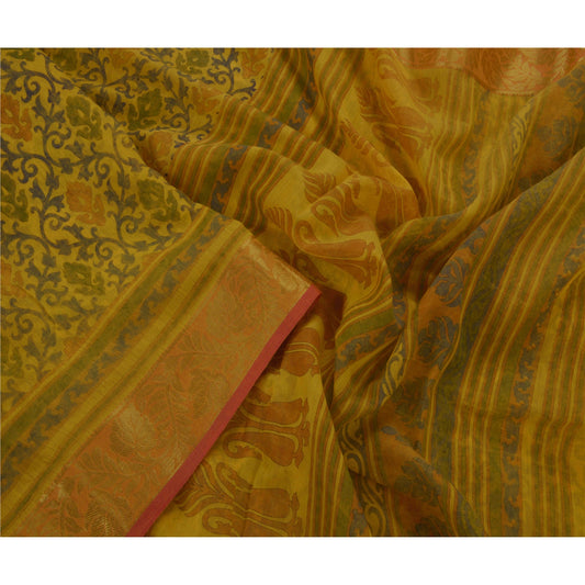 Sanskriti Vintage Yellow Saree Cotton Craft Printed Golden Border 5 Yard Sari