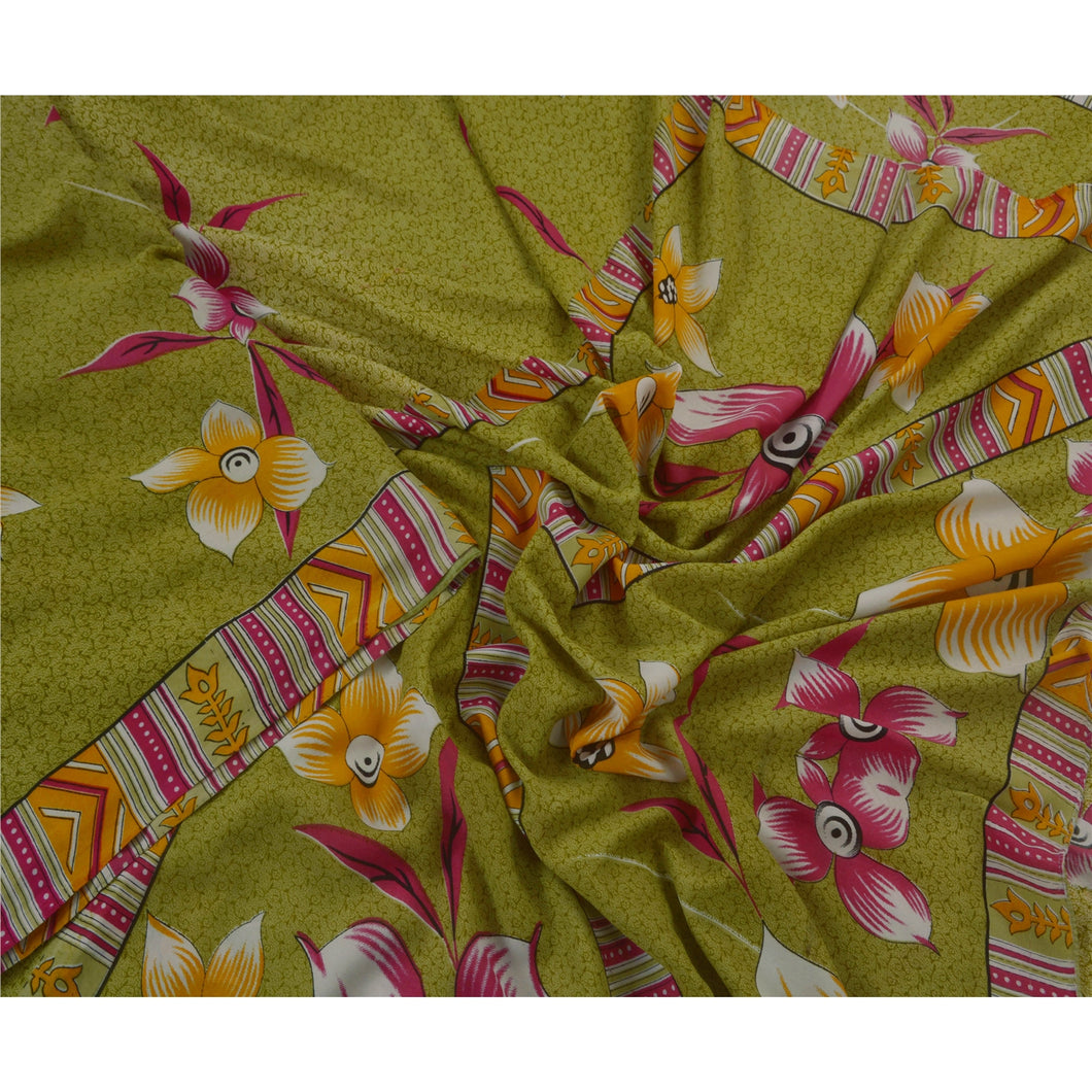 Green Saree Art Silk Floral Printed Craft Fabric 5 Yard Sari