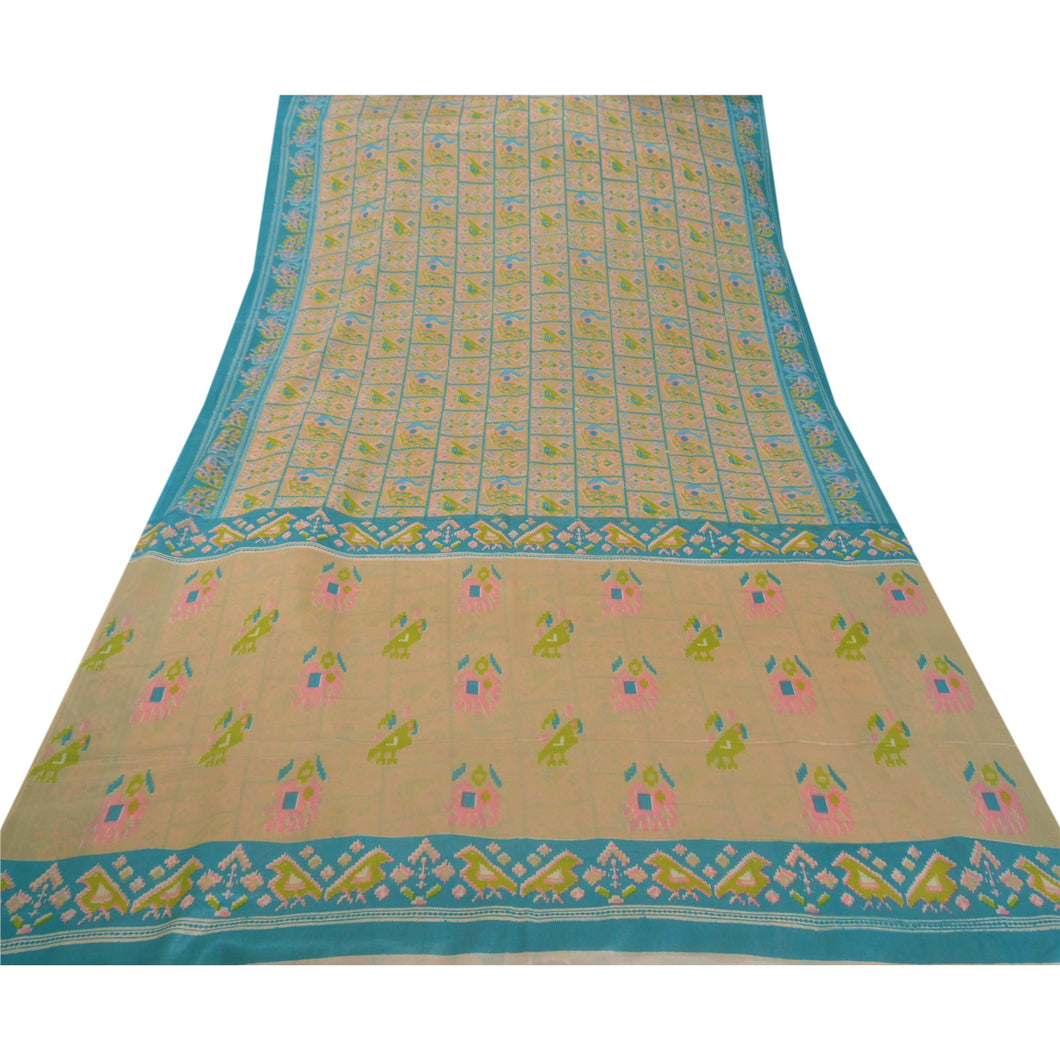 Sanskriti Antique Vintage Peach Saree Art Silk Printed Craft Fabric 5 Yard Sari