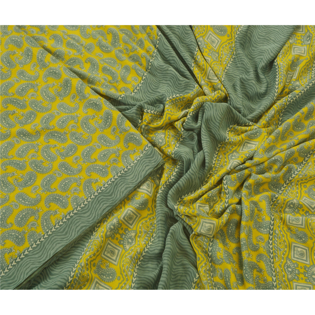 Sanskriti Vintage Gul Sari Kunstsilke Trykt Håndværk Bæredygtigt Stof 5 Yard Blød Sari 