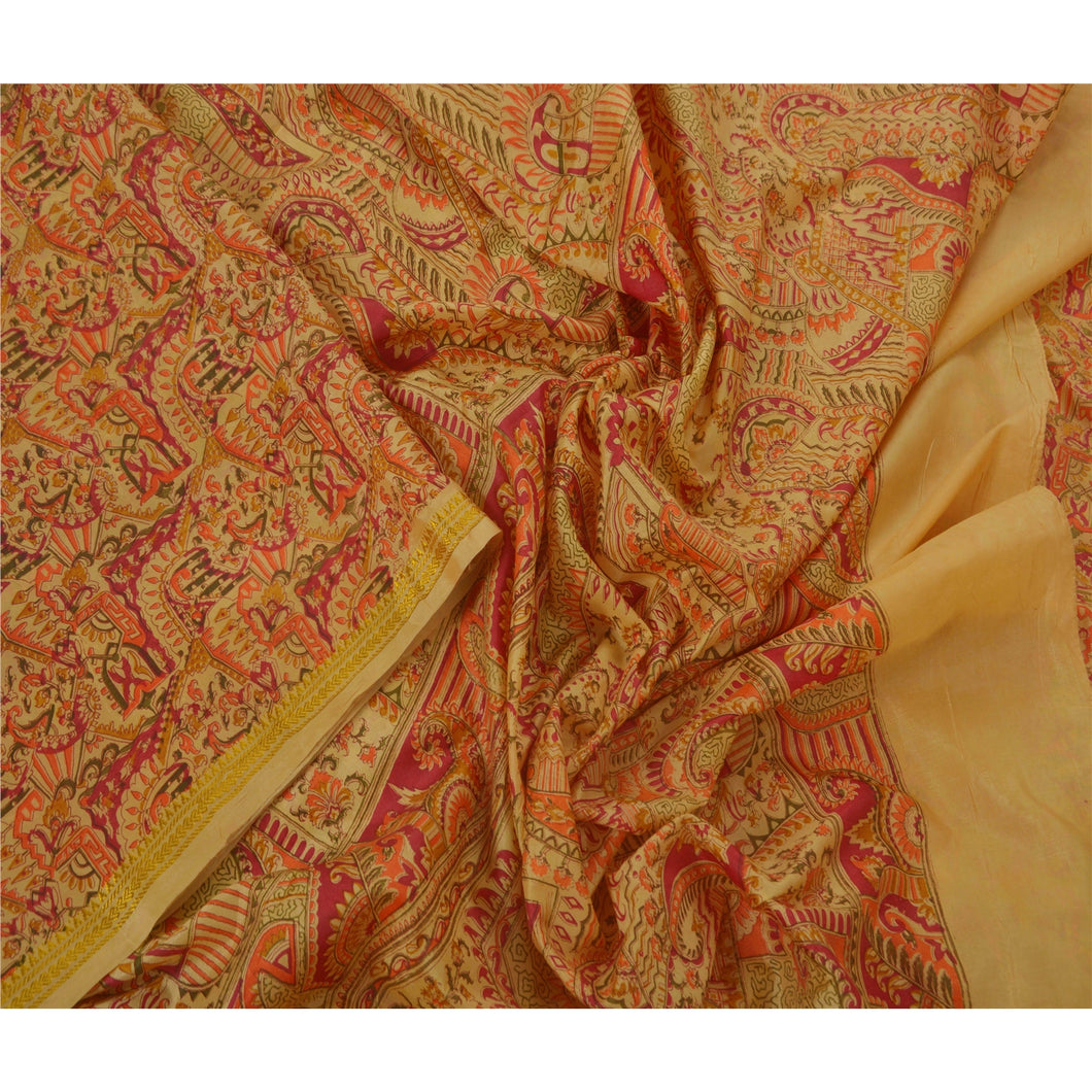 Cream Saree Art Silk Floral Printed Craft Fabric 5 Yard Sari