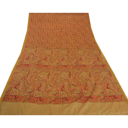 Sanskriti Vintage Cream Saree Art Silk Floral Printed Craft Sustainable Fabric 5 Yard Sari