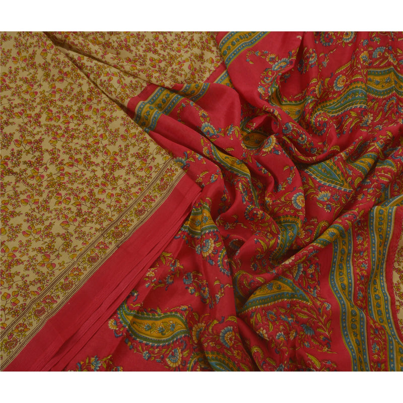 Sanskriti Vintage Cream Saree Art Silk Floral Printed Craft Sustainable Fabric 5 Yard Sari