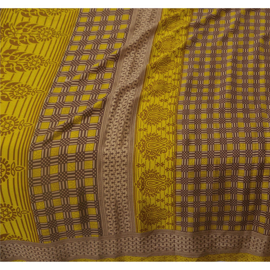 Sanskriti Vintage Yellow Saree Art Silk Floral Printed Craft Sustainable Fabric 5 Yard Sari