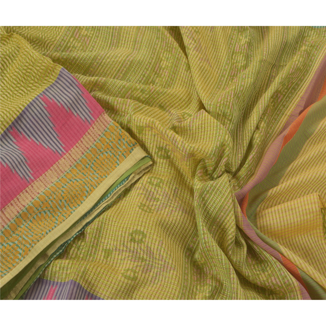 Green Saree Blend Cotton Woven Sari Craft 5 Yard Decor Fabric