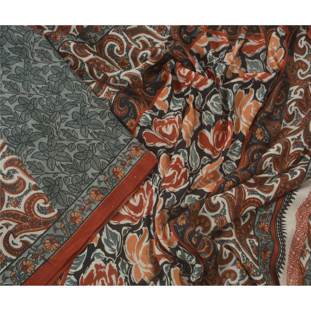 Sanskriti Vintage Cream Sarees Art Silk Floral Printed Craft Fabric 5 Yard Sari
