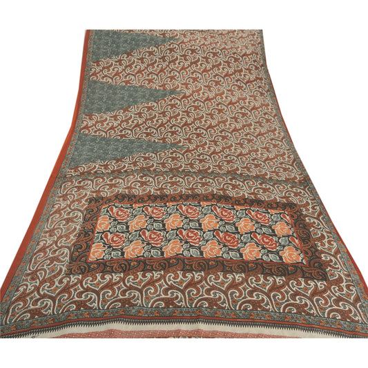 Sanskriti Vintage Cream Sarees Art Silk Floral Printed Craft Sustainable Fabric 5 Yard Sari