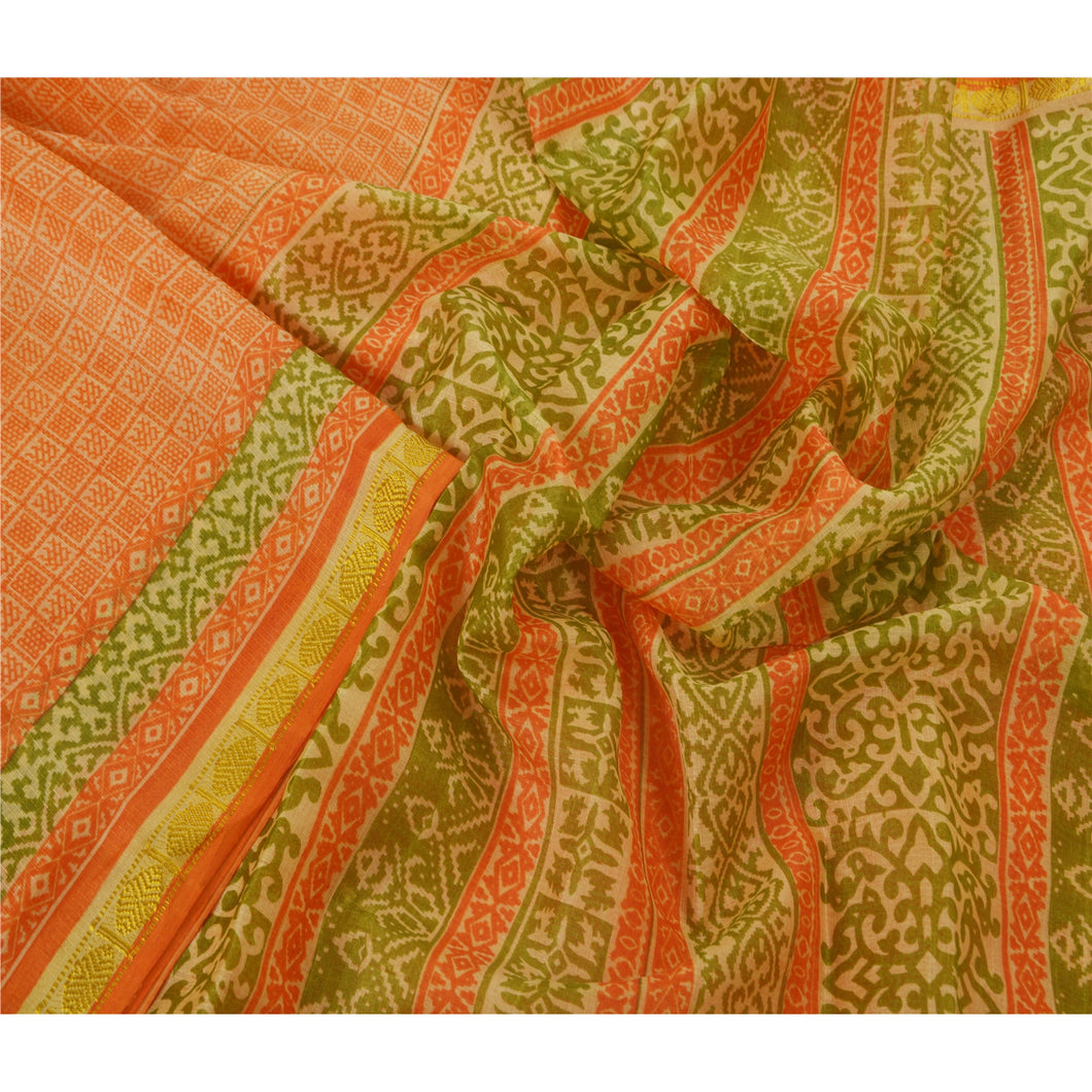 Orange Saree Art Silk Printed Sari Craft Zari Border Fabric