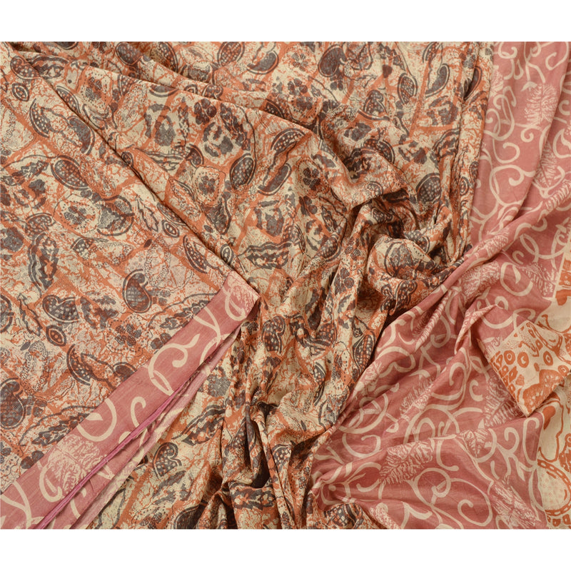 Sanskriti Vintage Cream Saree Art Silk Floral Printed Craft Sustainable Fabric 5 Yard Sari