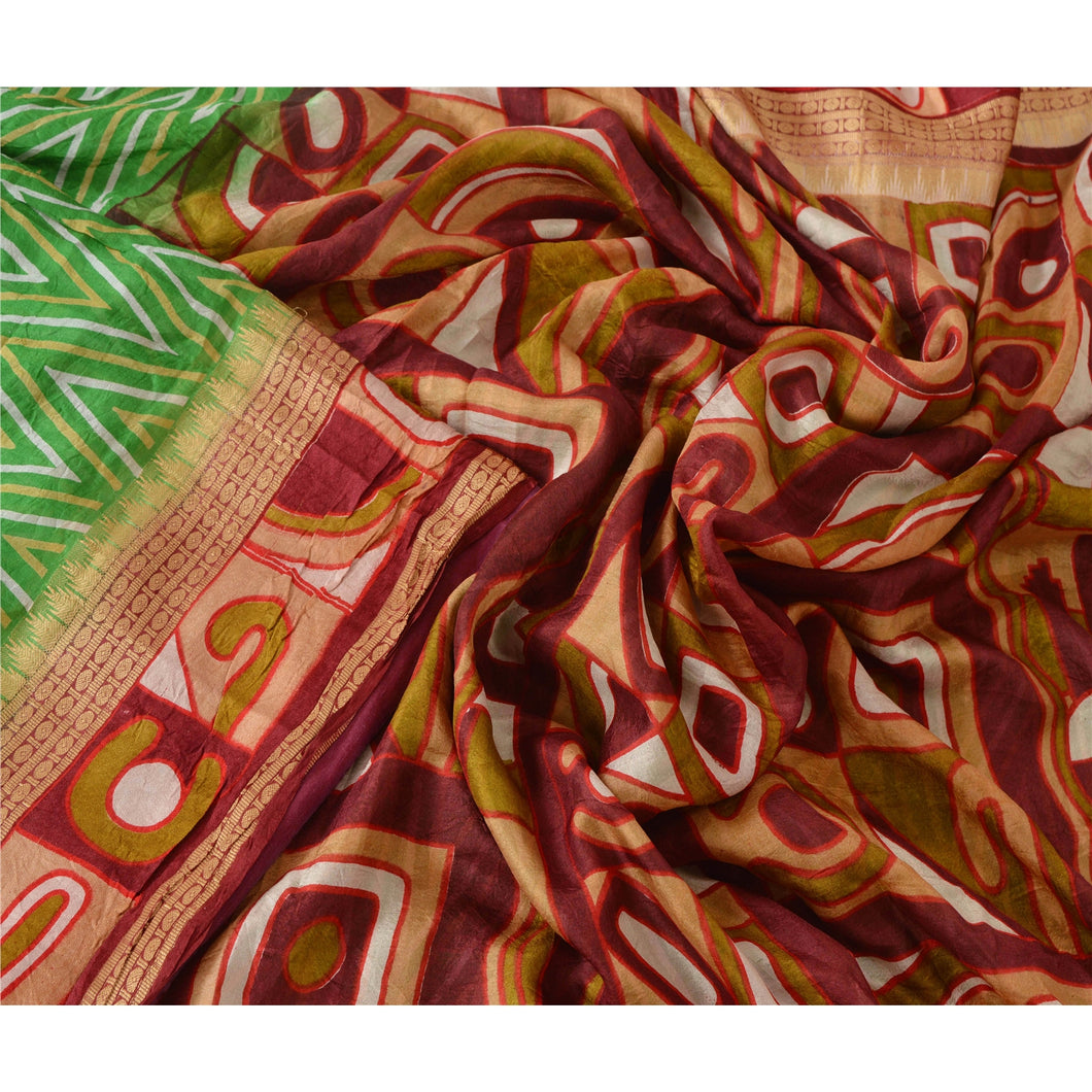 Green Saree 100% Pure Silk Floral Printed Sari Craft Fabric