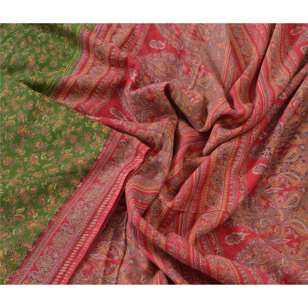 Green Saree Blend Silk Printed Sari Craft 5 Yard Decor Fabric