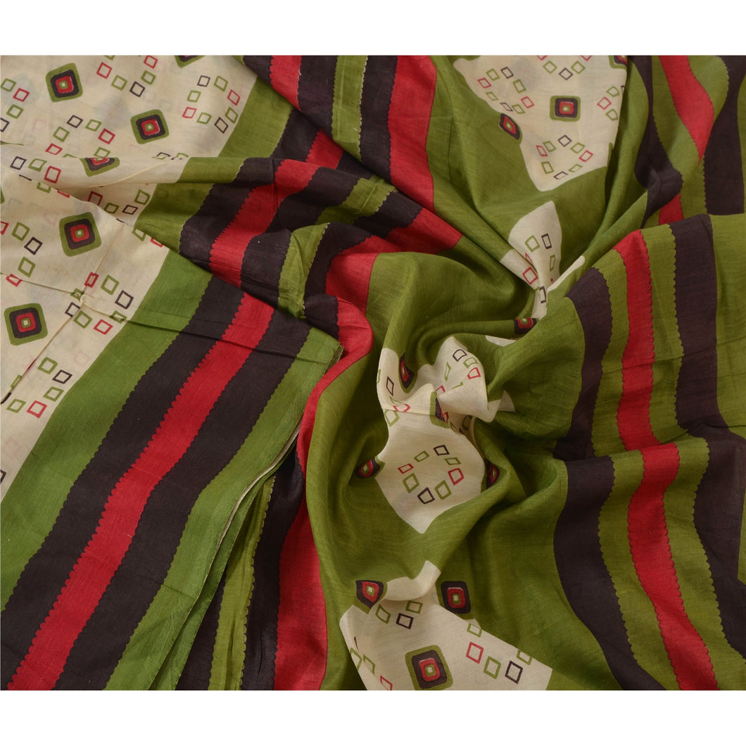 Cream Saree Pure Cotton Printed Sari Craft 5 Yard Soft Fabric