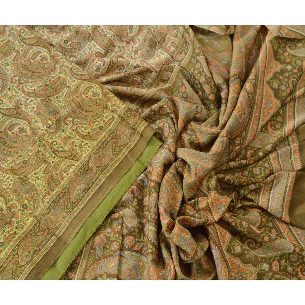 Cream Saree Art Silk Printed Sari Craft 5 Yard Soft Fabric