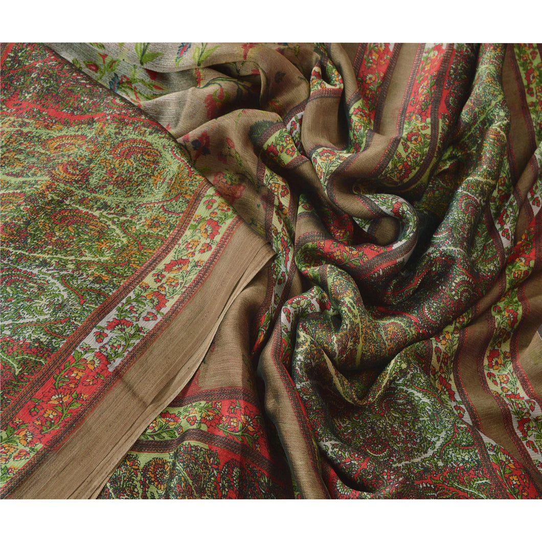 Green Saree Art Silk Printed Sari Craft Decor Soft 5 Yd Fabric