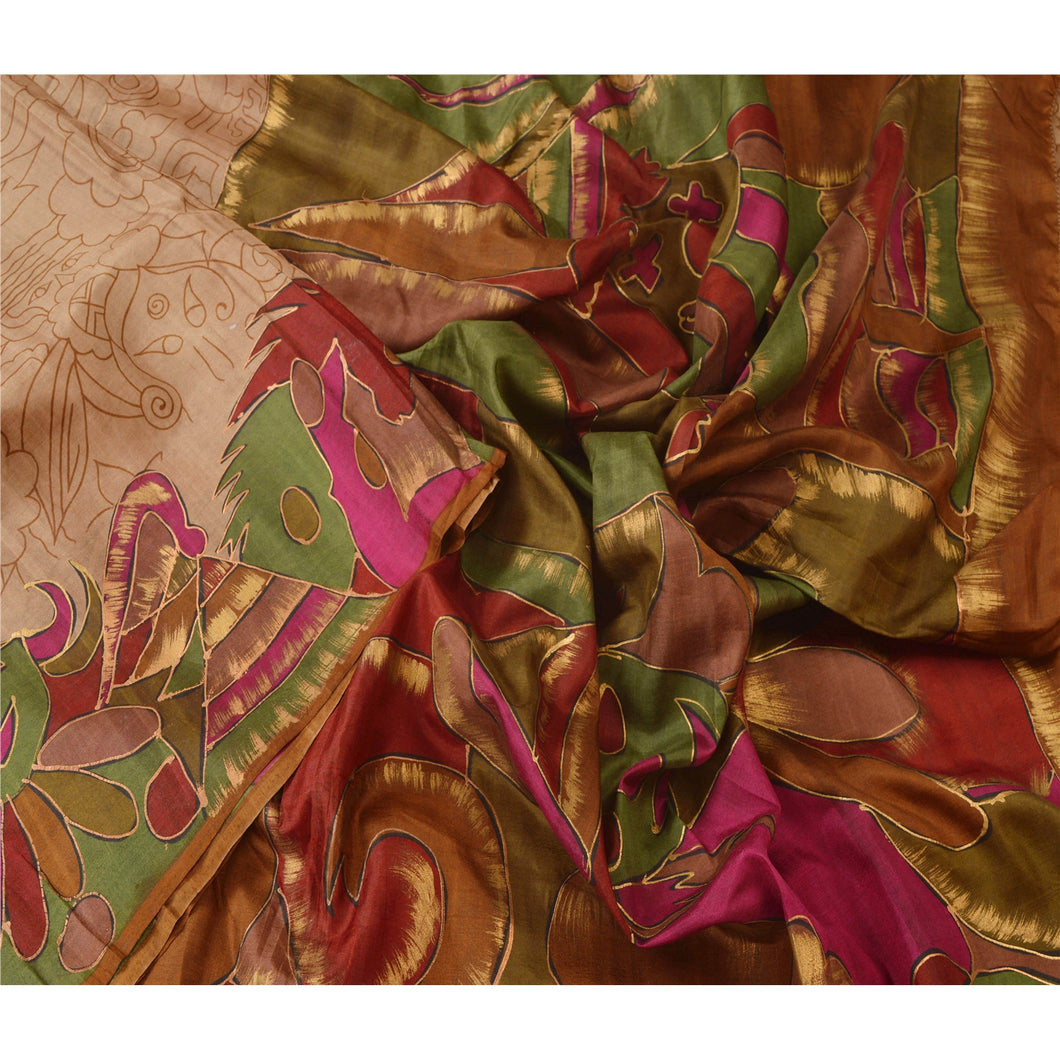 Brown Saree 100% Pure Silk Painted 5 Yard Sari Craft Fabric