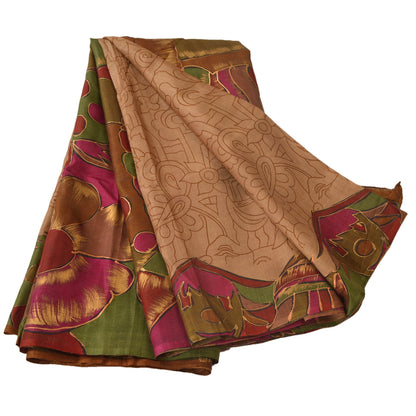Sanskriti Vintage Brun Sari 100% Ren Silke Malet 5 Yard Sari Håndværk Bæredygtigt Stoff