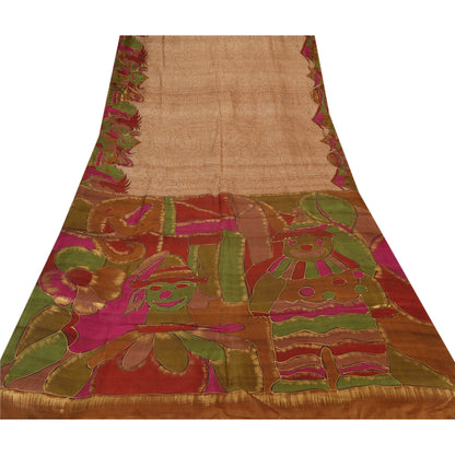 Sanskriti Vintage Brun Sari 100% Ren Silke Malet 5 Yard Sari Håndværk Bæredygtigt Stoff