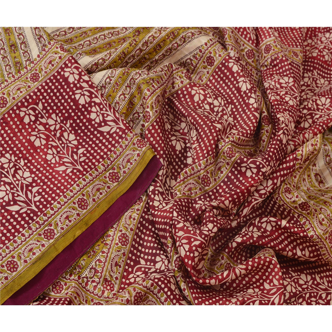 Sanskriti Vintage Dark Red Saree Pure Silk Printed Sari Craft 5 Yard Soft Fabric
