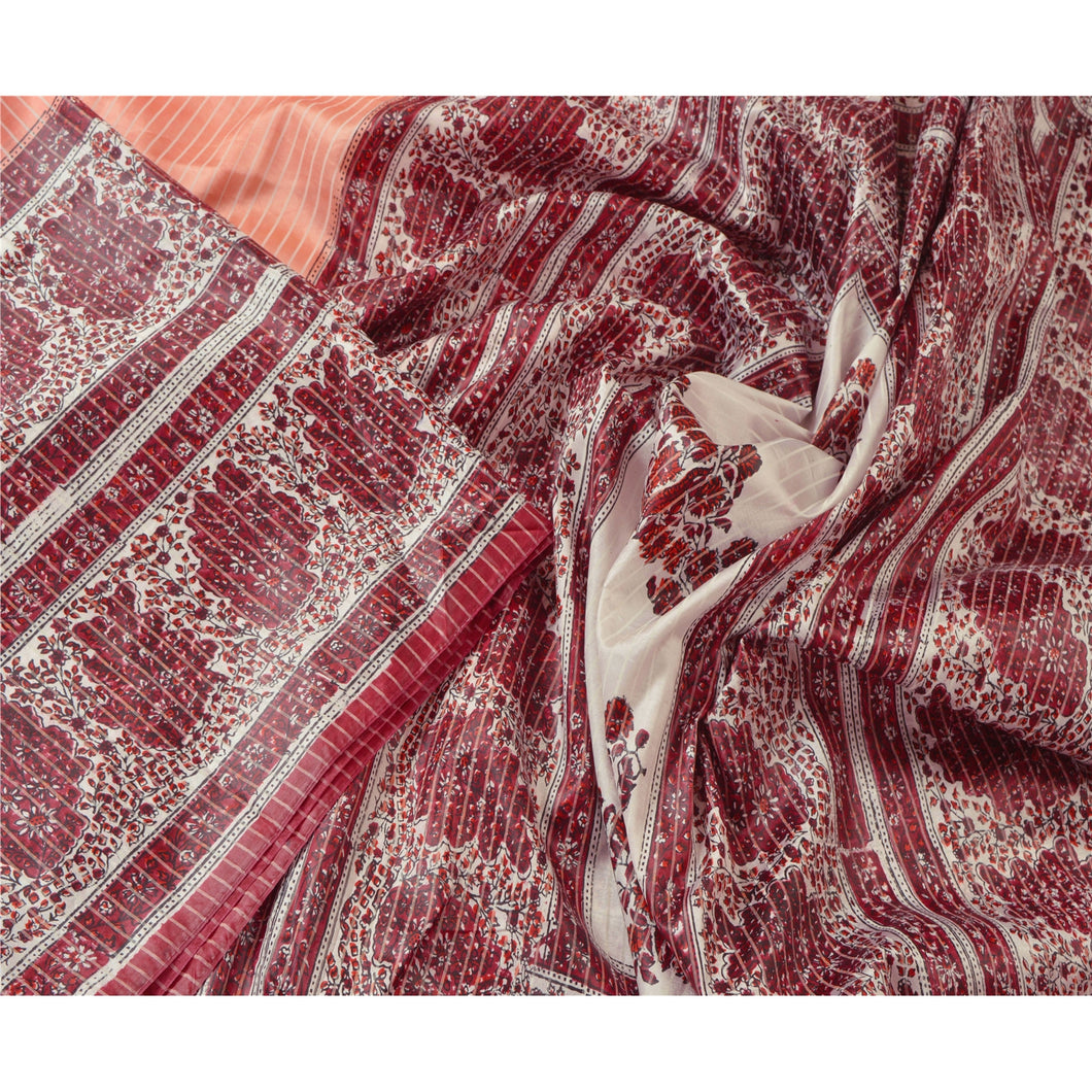 Sanskriti Vintage Peach Saree Art Silk Floral Printed Craft Fabric 5 Yard Sari