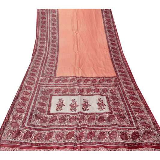 Sanskriti Vintage Peach Saree Art Silk Floral Printed Craft Sustainable Fabric 5 Yard Sari
