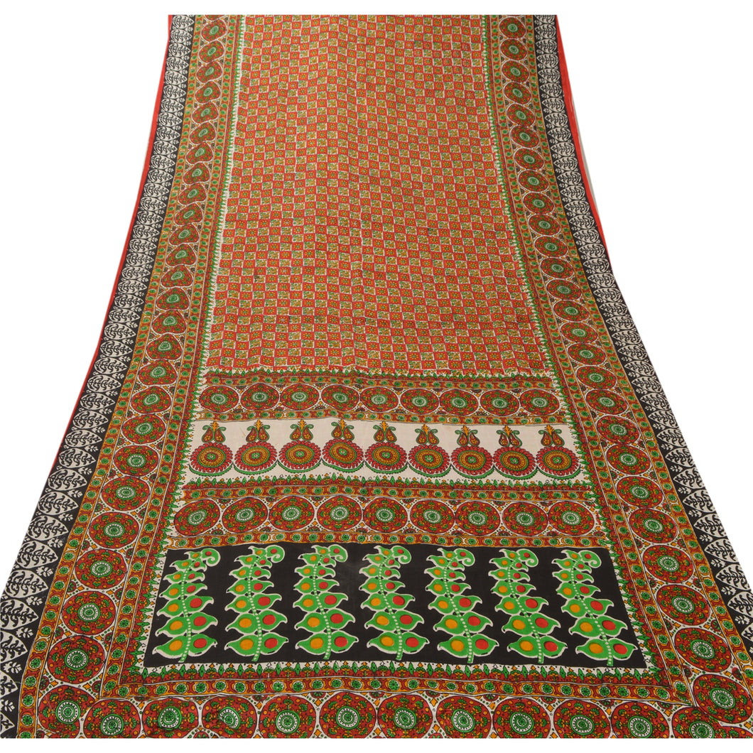 Sanskriti Vintage Red Saree Pure Silk Printed Sari Craft Decor Soft 5Yd Fabric