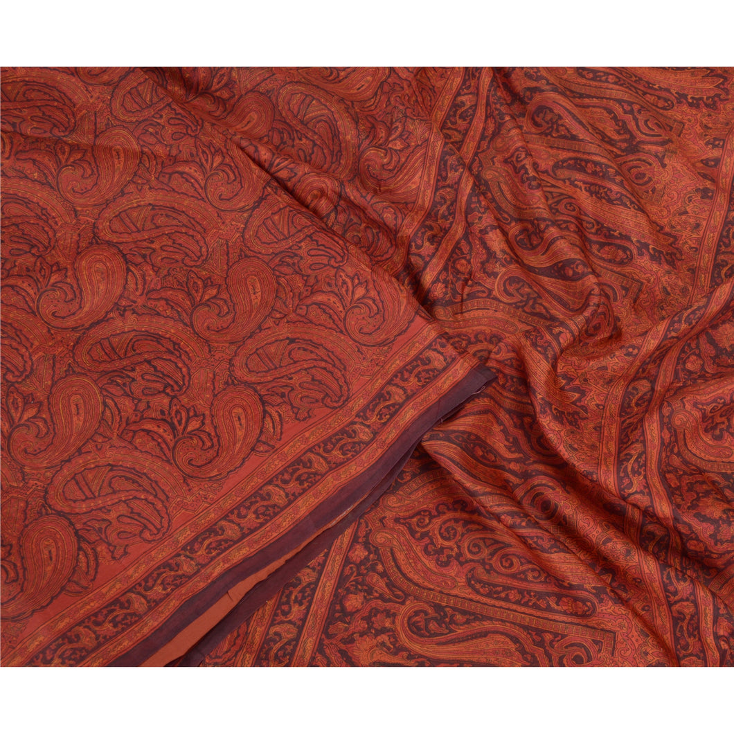 Sanskriti Vintage Sarees Indian Orange Pure Silk Printed Sari 5yd Craft Fabric