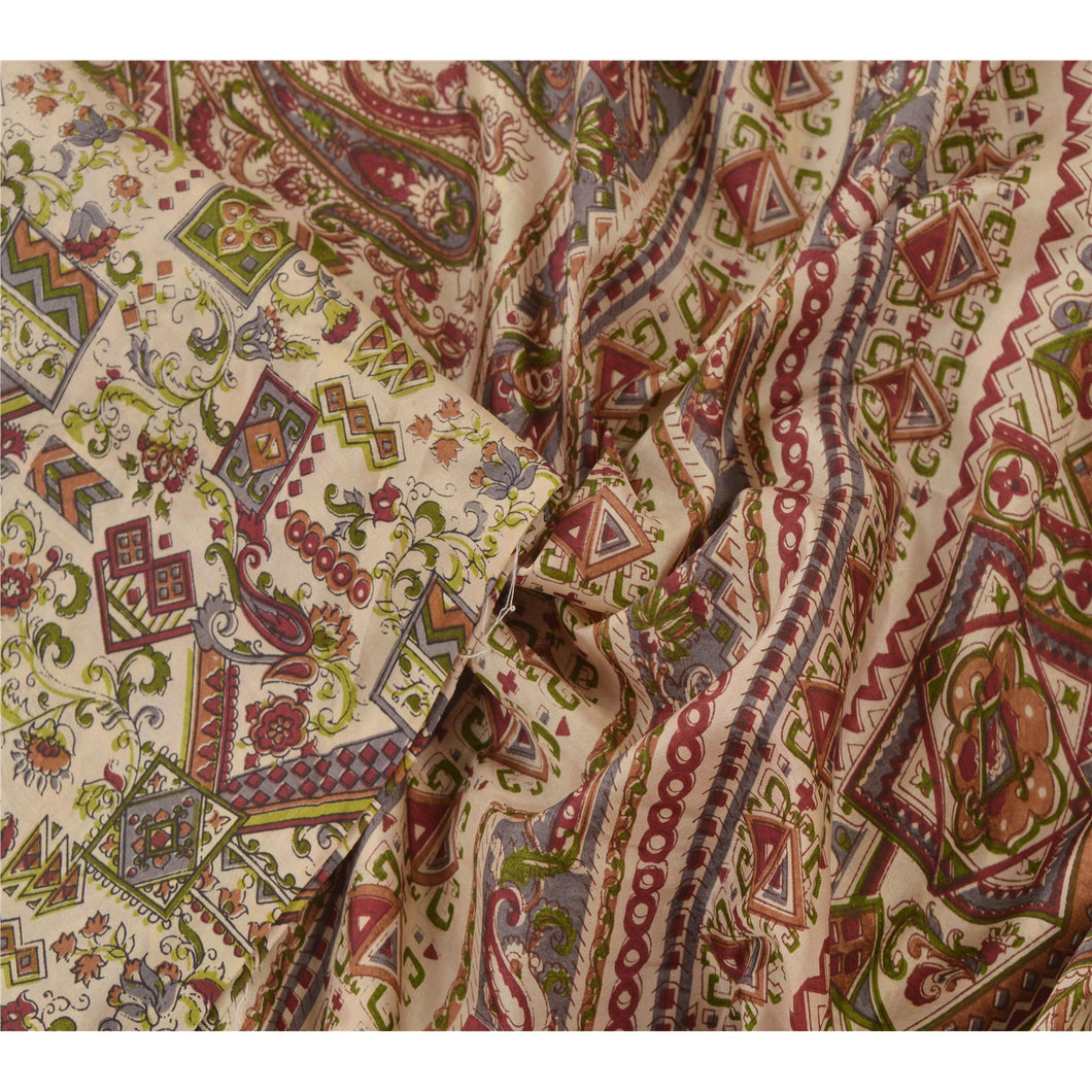 Sanskriti Vintage Cream Saree Art Silk Printed Sari Craft Decor Soft 5Yd Fabric