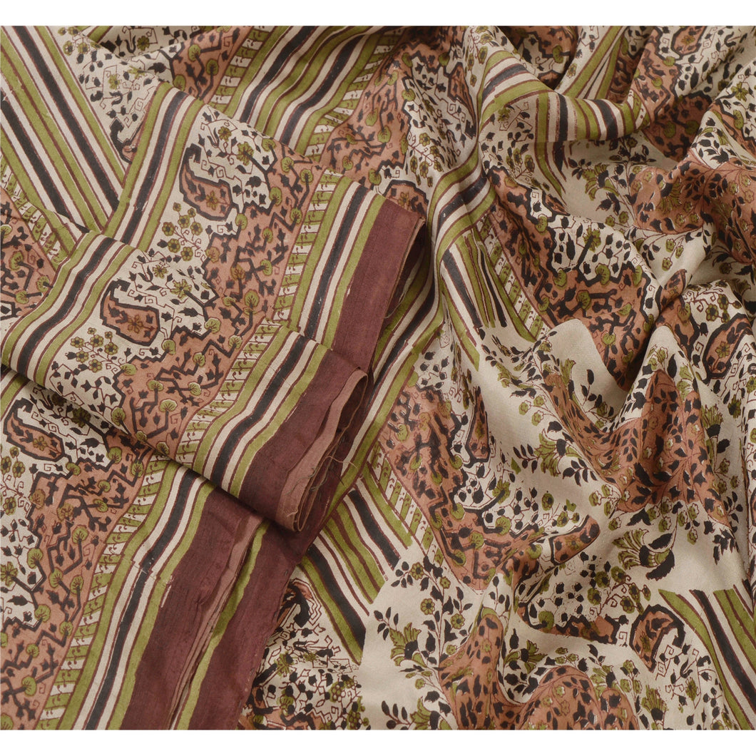 Sanskriti Vintage Cream Saree 100% Pure Silk Printed Sari Craft Decor 5Yd Fabric