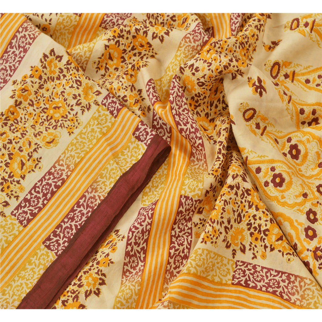 Sanskriti Vintage Cream Saree Pure Silk Printed Sari Craft Decor Soft 5Yd Fabric