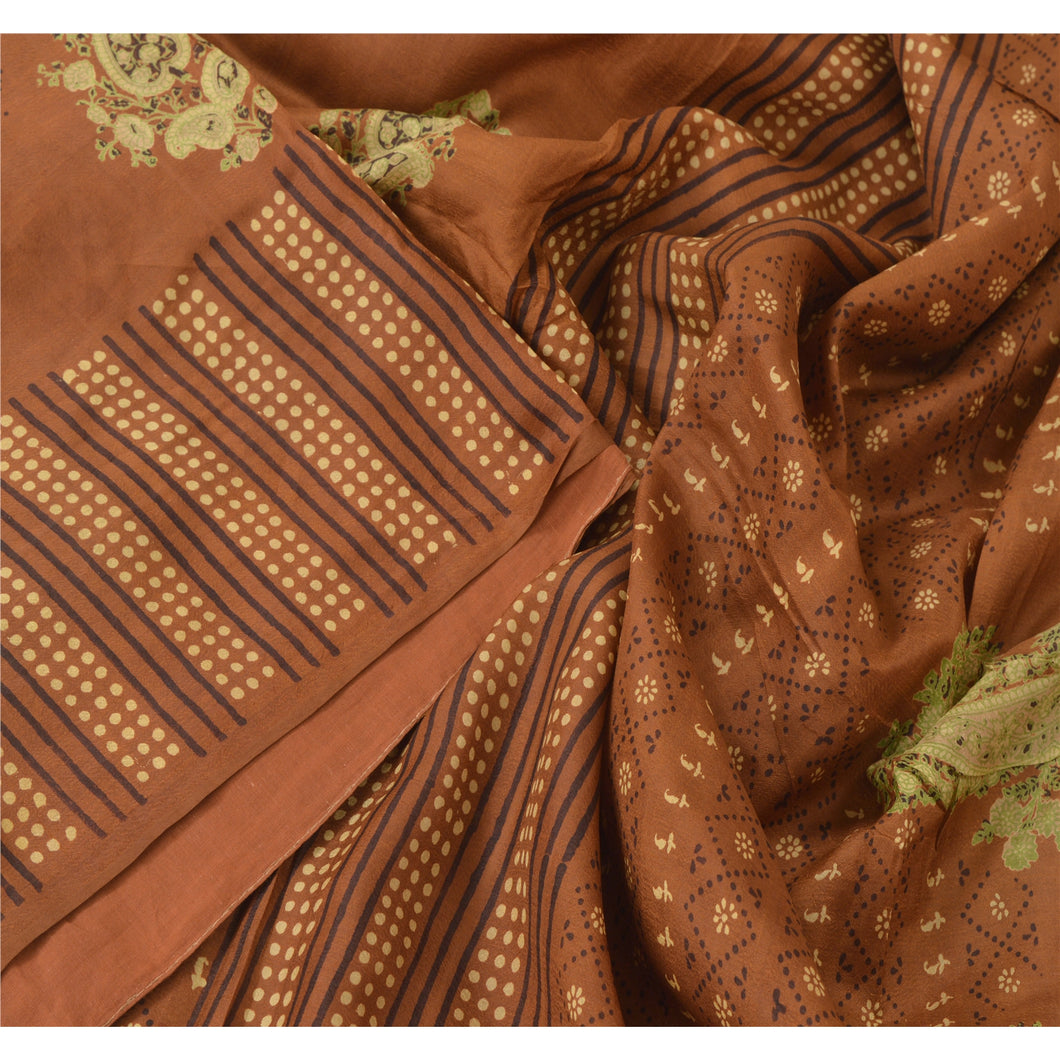 Sanskriti Vintage Brown Sarees 100% Pure Silk Printed Sari 5 YD Craft Fabric