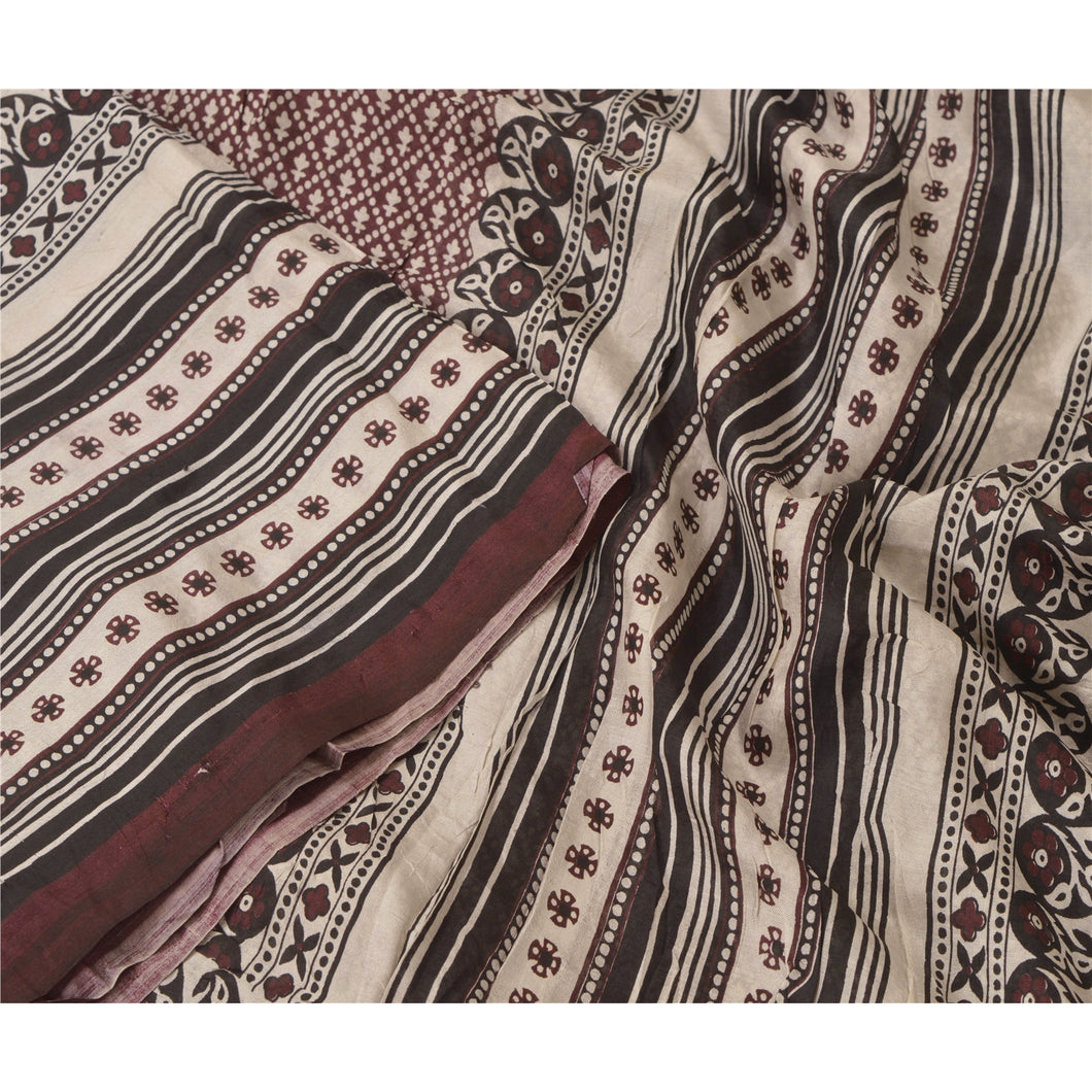 Sanskriti Vintage Indian Sari Brown Pure Silk Printed Sarees Sewing Craft Fabric