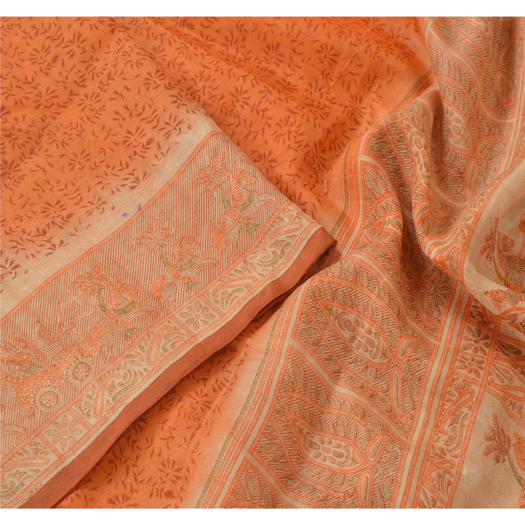 Sanskriti Vintage Sari Printed Pure Silk Decor 5 YD Sewing Fabric Orange Saree