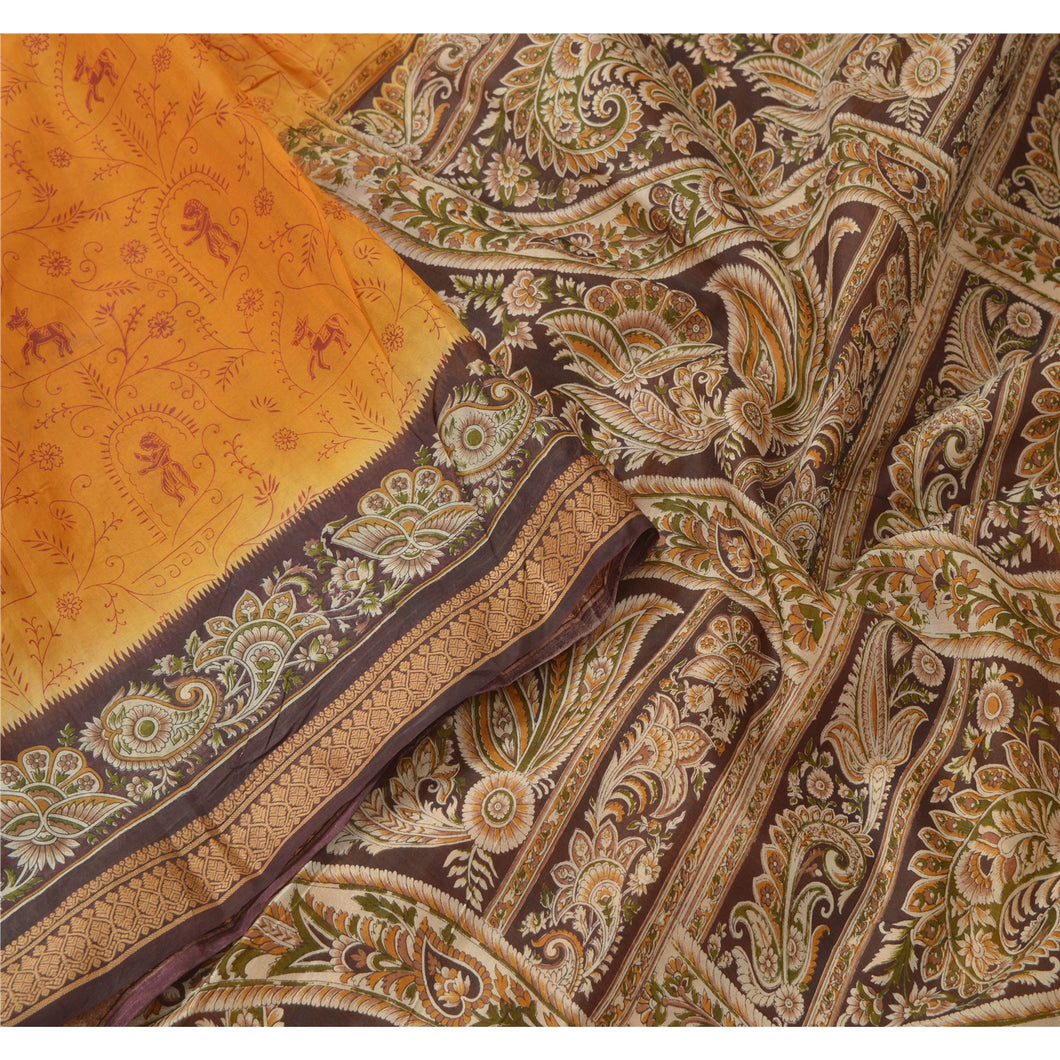 Sanskriti Vintage Saffron Sarees Pure Silk Printed Sari Decor 5 YD Craft Fabric