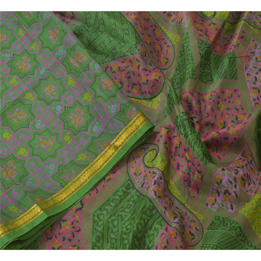 Sanskriti Vintage Green Sarees Pure Silk Printed Craft Fabric Golden Border Sari