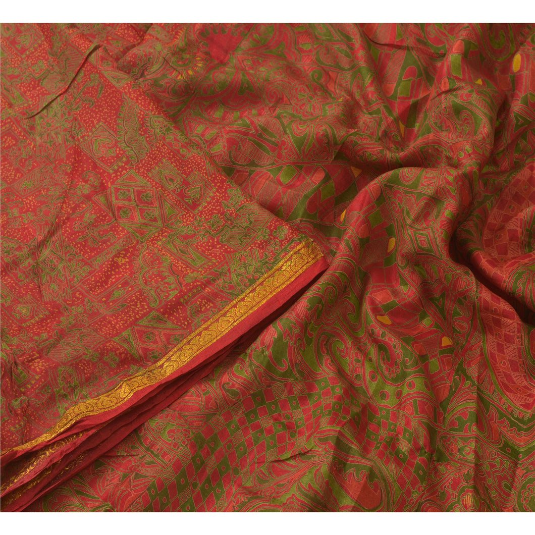 Sanskriti Vintage Red Sarees Printed Zari Border Pure Silk Sari 5YD Craft Fabric