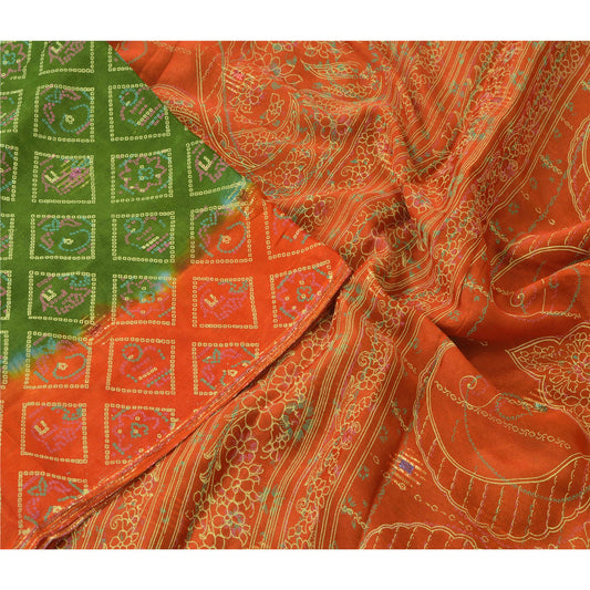 Sanskriti Vintage Green Sarees Bandhani Printed Blend Silk Sari 5YD Craft Sustainable Fabric