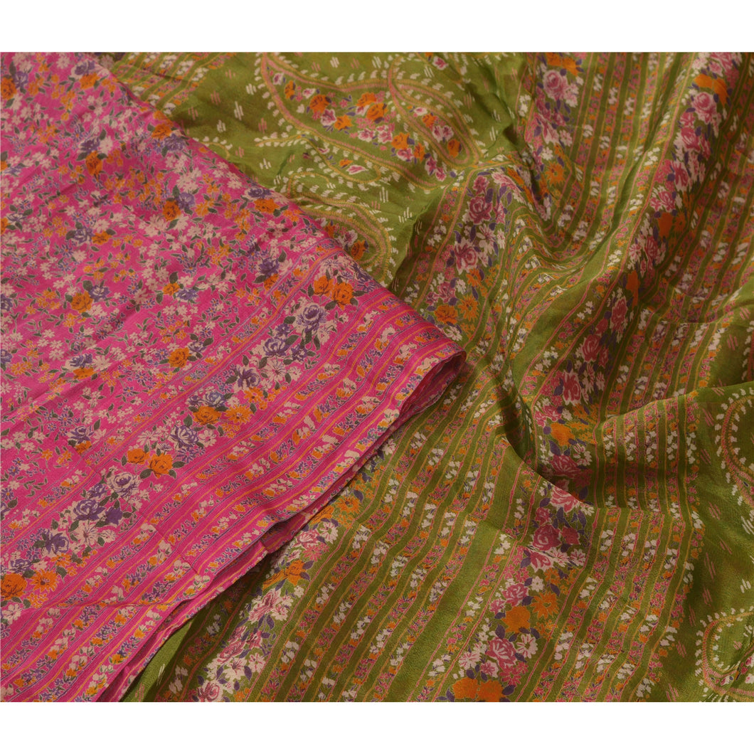 Sanskriti Vintage Pink Indian Sari Printed Blend Silk Sarees Craft 5 Yard Fabric