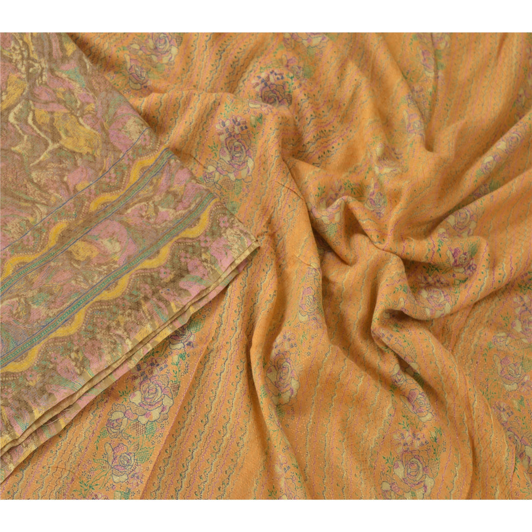 Sanskriti Vintage Brown Sarees Blend Cotton Printed Craft 5 Yard Fabric Sari