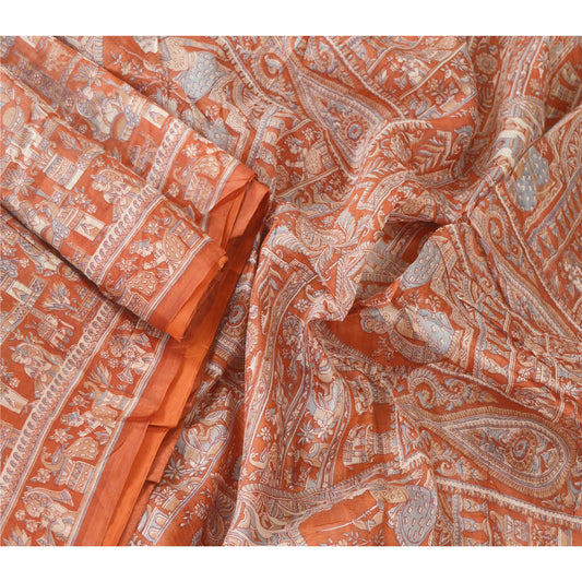 Sanskriti Vintage Rusty Orange Sarees Pure Silk Printed Craft Decor Sustainable Fabric Sari