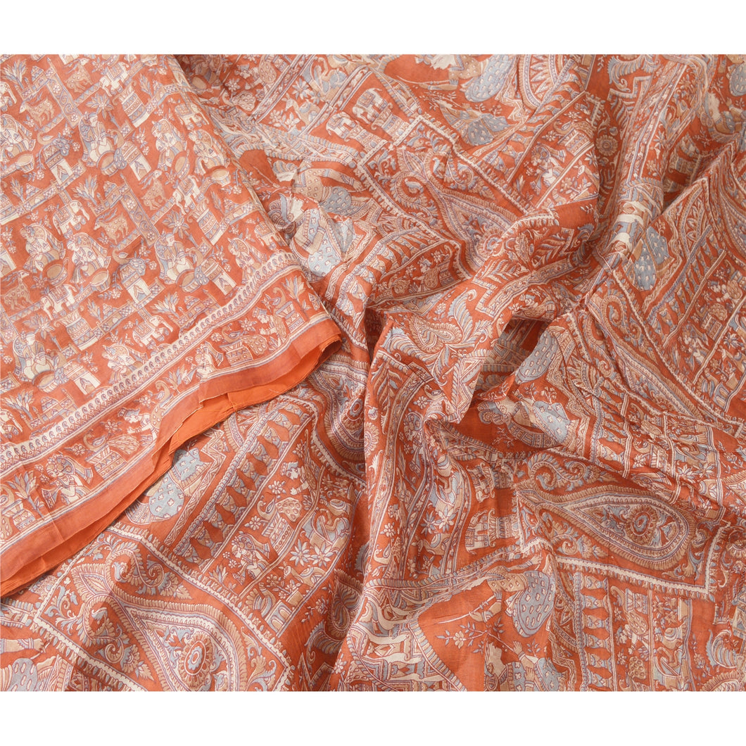 Sanskriti Vintage Rusty Orange Sarees Pure Silk Printed Craft Decor Fabric Sari